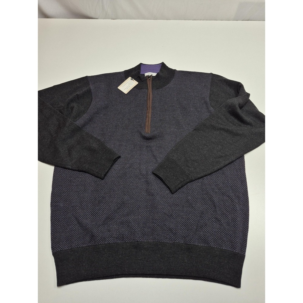 Oliver Ridley Sweater Mens XL Blue Merino Wool 1/4 Zip Mock Neck Birdseye Knit